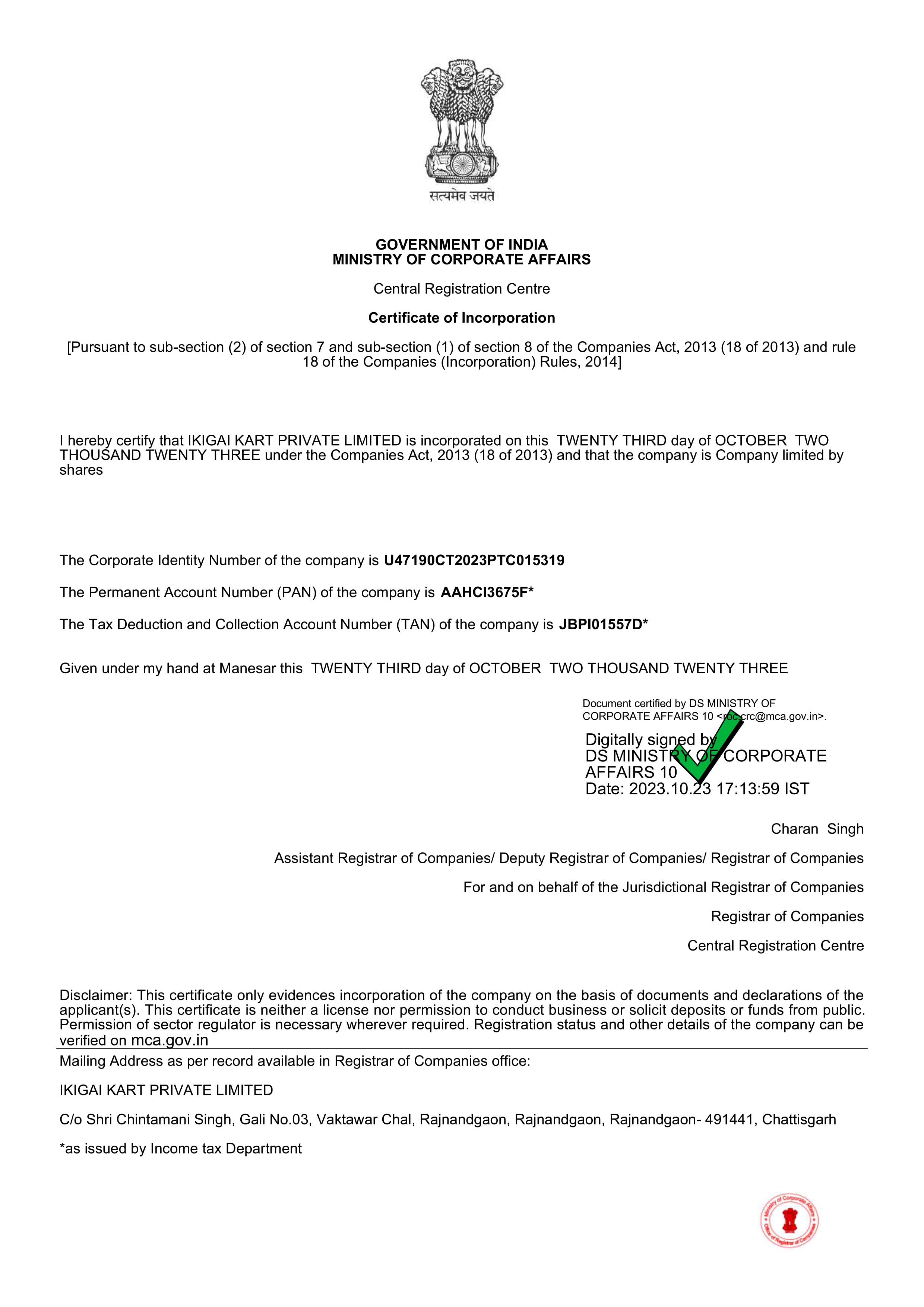 Certificate of Incorporation